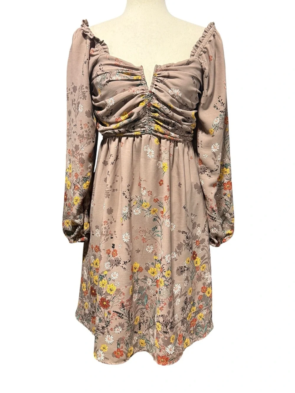 Maurices Babydoll Floral Taupe Dress Size S Milkmaid Puff Sleeve Garden Party